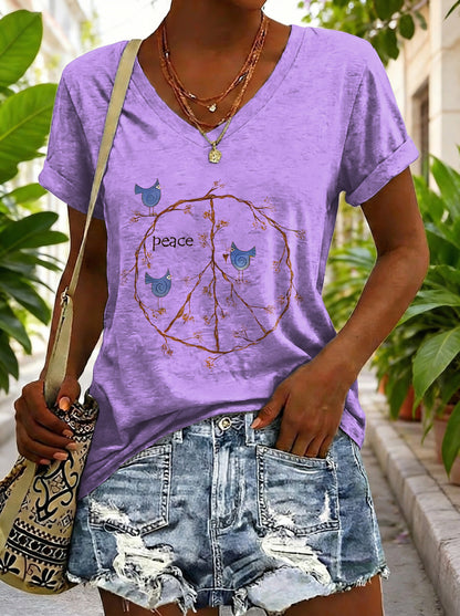 Women's Vintage Yellow Peace Sign Bird Hippie Art Print Casual V-neck Cotton T-shirt