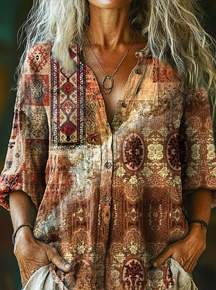Women's Vintage Bohemian Art Print Casual Long-Sleeve V-Neck Cotton Dress