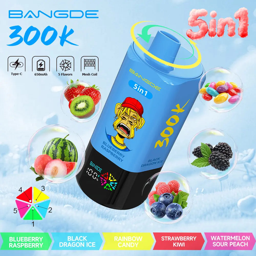 Bang DE 300K 300000 Vape 5-in-1 Flavors Rechargeable LED Display Disposable E-Cigarette