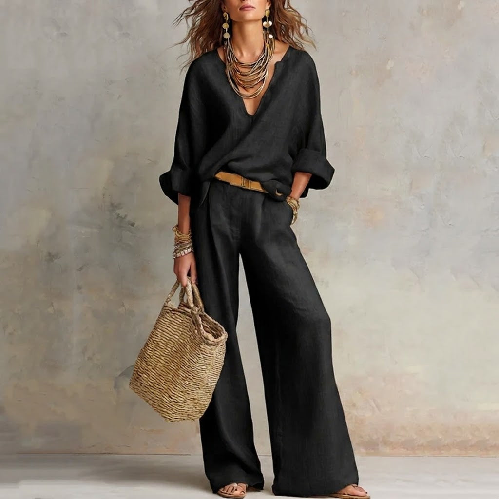 Zelora - Lightweight V-Neck Top & Wide-Leg Pants Set