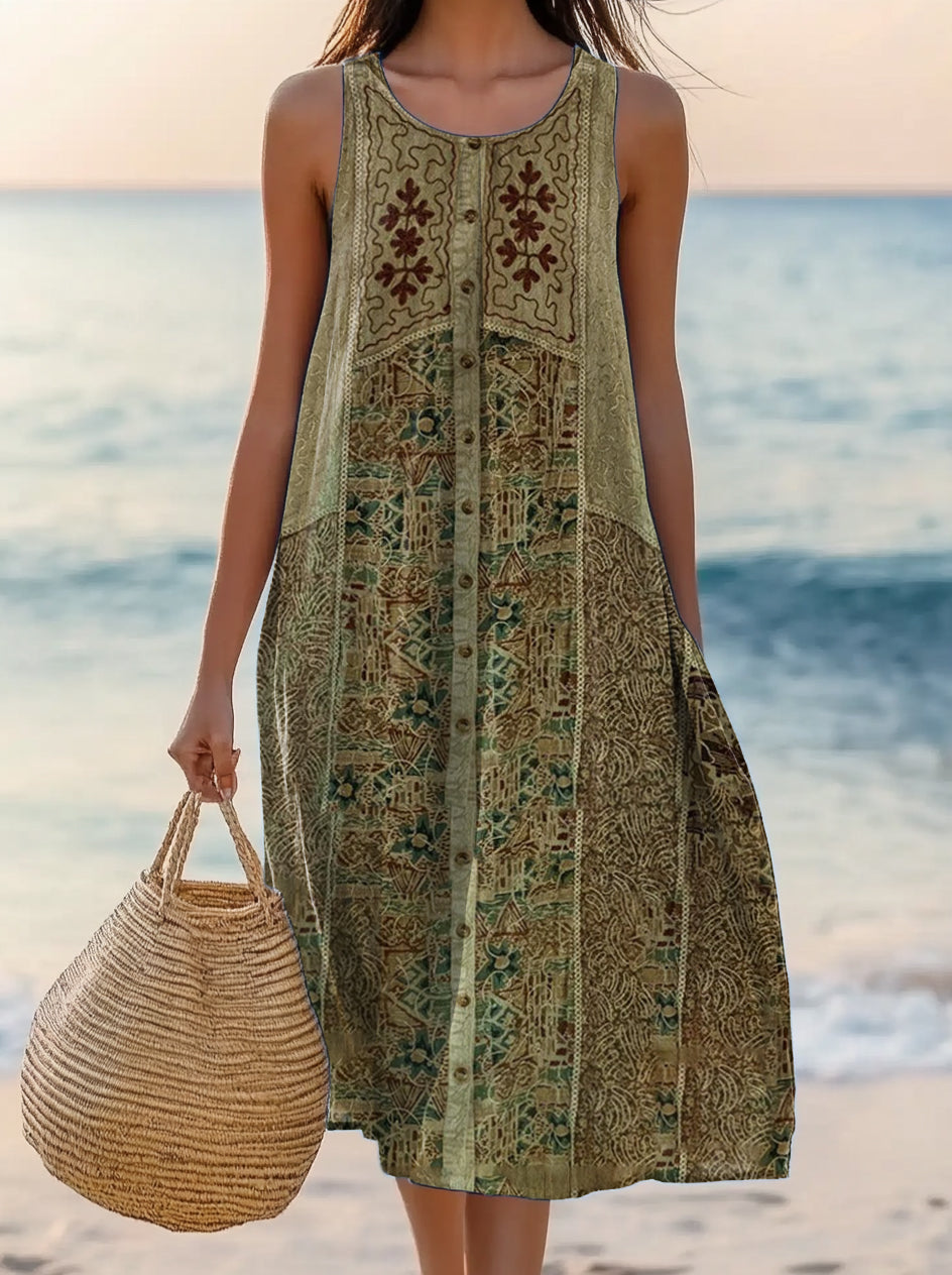 Women's Vintage Tattoo Pattern Art Print Sleeveless Cotton Pocket Dresses