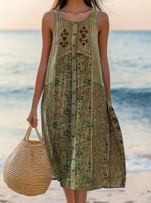 Women's Vintage Tattoo Pattern Art Print Sleeveless Cotton Pocket Dresses