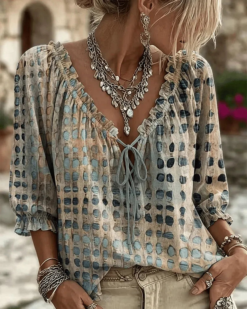 Bevelyn - Soft-Touch Polka Dot Lace-Up Blouse