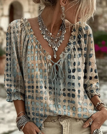 Bevelyn - Soft-Touch Polka Dot Lace-Up Blouse