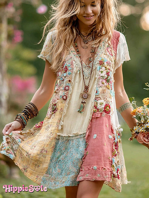 Women's Retro Floral Print Pocket Cotton Dress