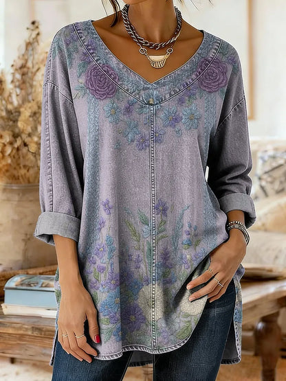 Retro Ethnic Floral Pattern Art Print Casual Washed Denim Cotton Top