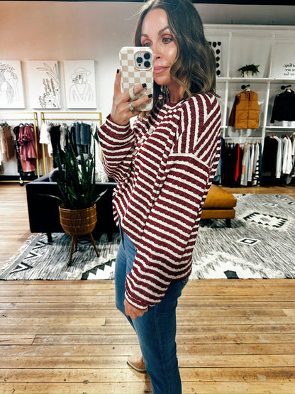 Textured Stripe Henley Top Dark Red