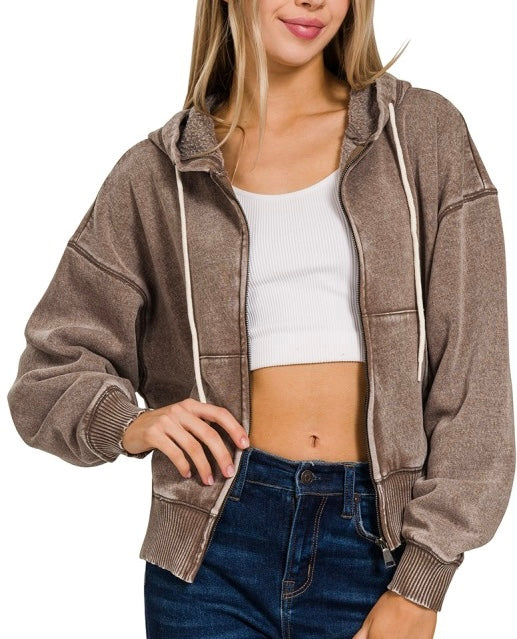 Acid Wash Zip Up Hooded Sweatshirt Mocha