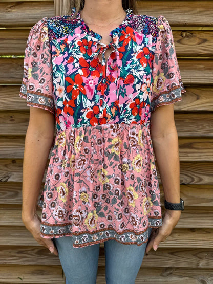 UMGEE Navy Mix Printed Smocked Shoulder Top