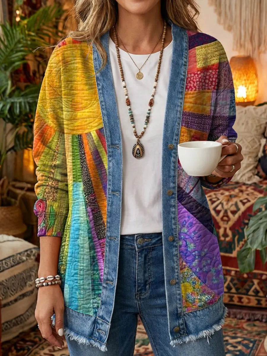 Vintage Sun Patchwork Women's Art Print Casual Long Sleeve Shirt Denim Coat
