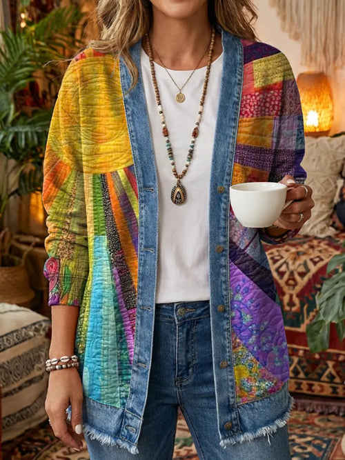 Vintage Sun Patchwork Women's Art Print Casual Long Sleeve Shirt Denim Coat