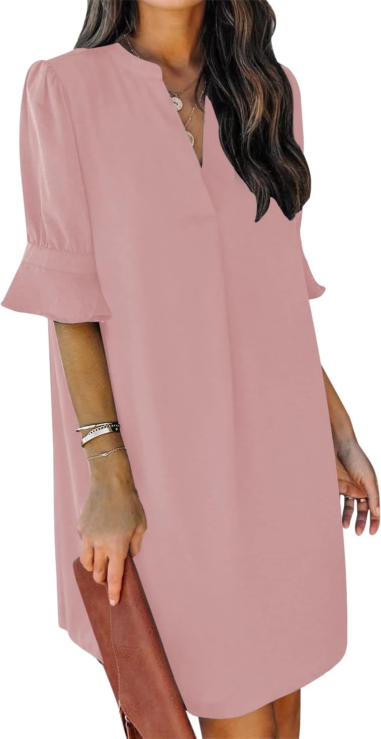 Summer Dresses for Women V Neck Ruffle Short Sleeve Shift Dress