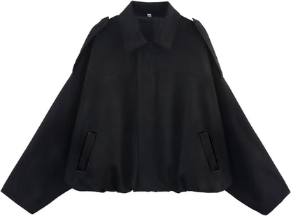 Womens Faux Suede Bomber Jacket Oversized Long Sleeve Cropped Coat