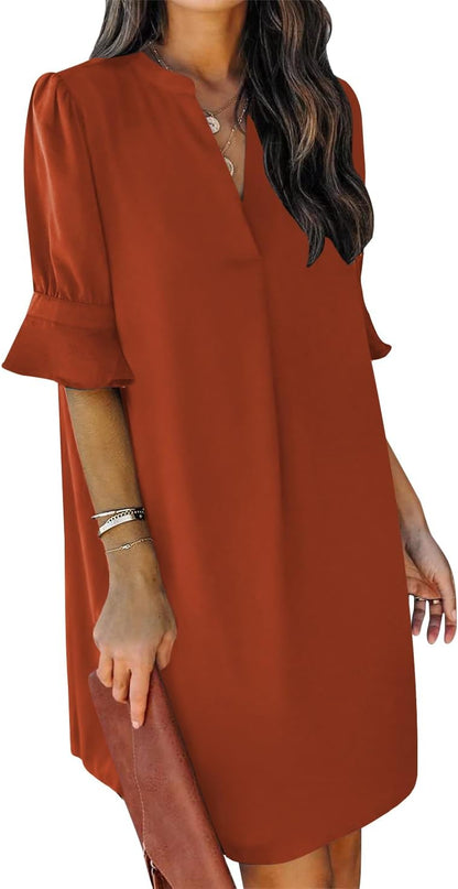 Summer Dresses for Women V Neck Ruffle Short Sleeve Shift Dress