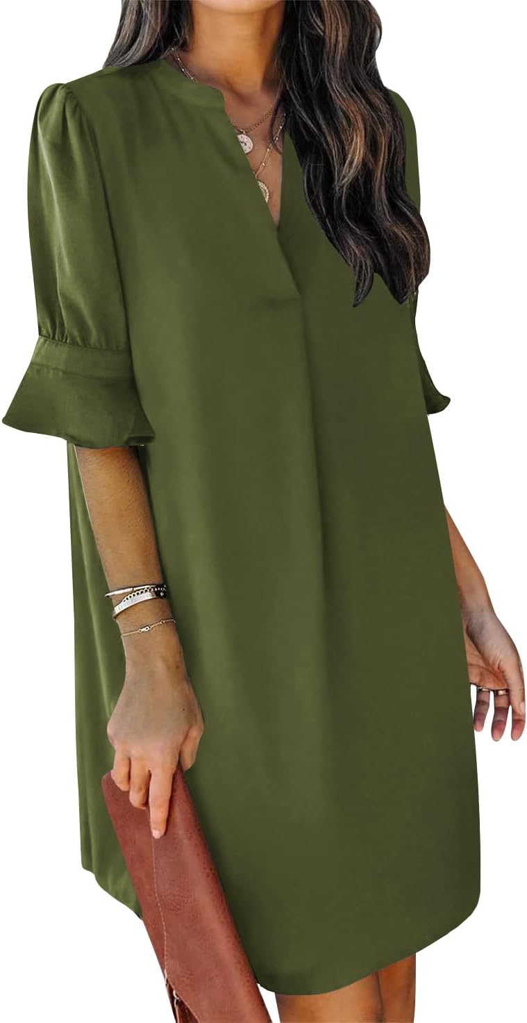 Summer Dresses for Women V Neck Ruffle Short Sleeve Shift Dress