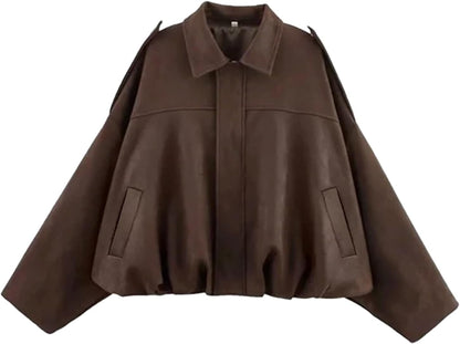 Womens Faux Suede Bomber Jacket Oversized Long Sleeve Cropped Coat