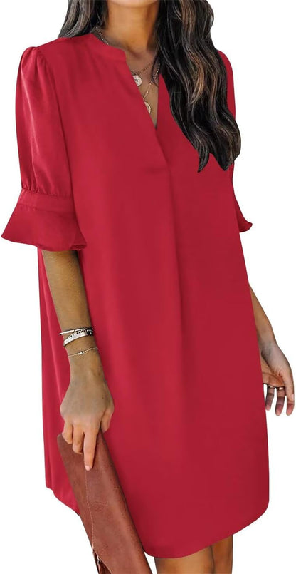 Summer Dresses for Women V Neck Ruffle Short Sleeve Shift Dress