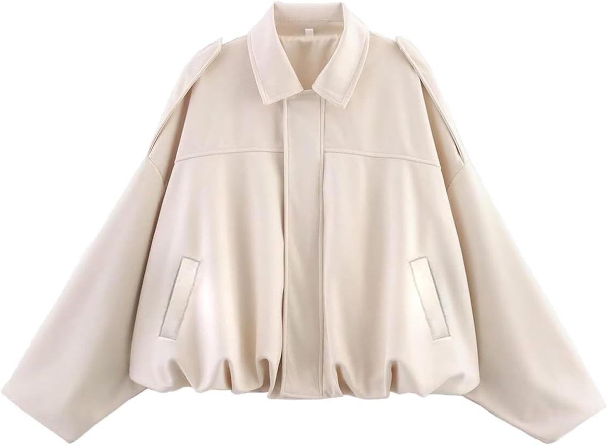 Womens Faux Suede Bomber Jacket Oversized Long Sleeve Cropped Coat