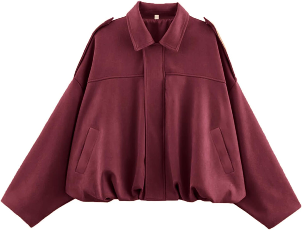 Womens Faux Suede Bomber Jacket Oversized Long Sleeve Cropped Coat
