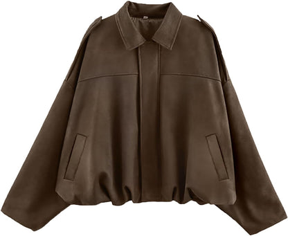 Womens Faux Suede Bomber Jacket Oversized Long Sleeve Cropped Coat