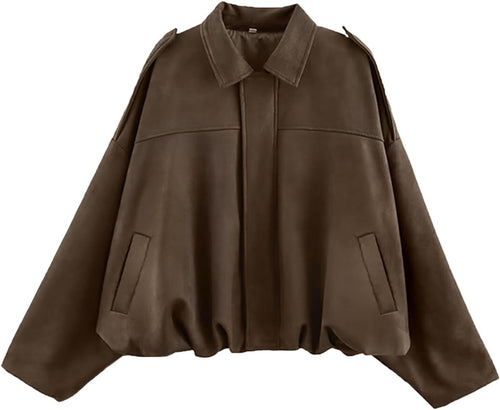 Womens Faux Suede Bomber Jacket Oversized Long Sleeve Cropped Coat