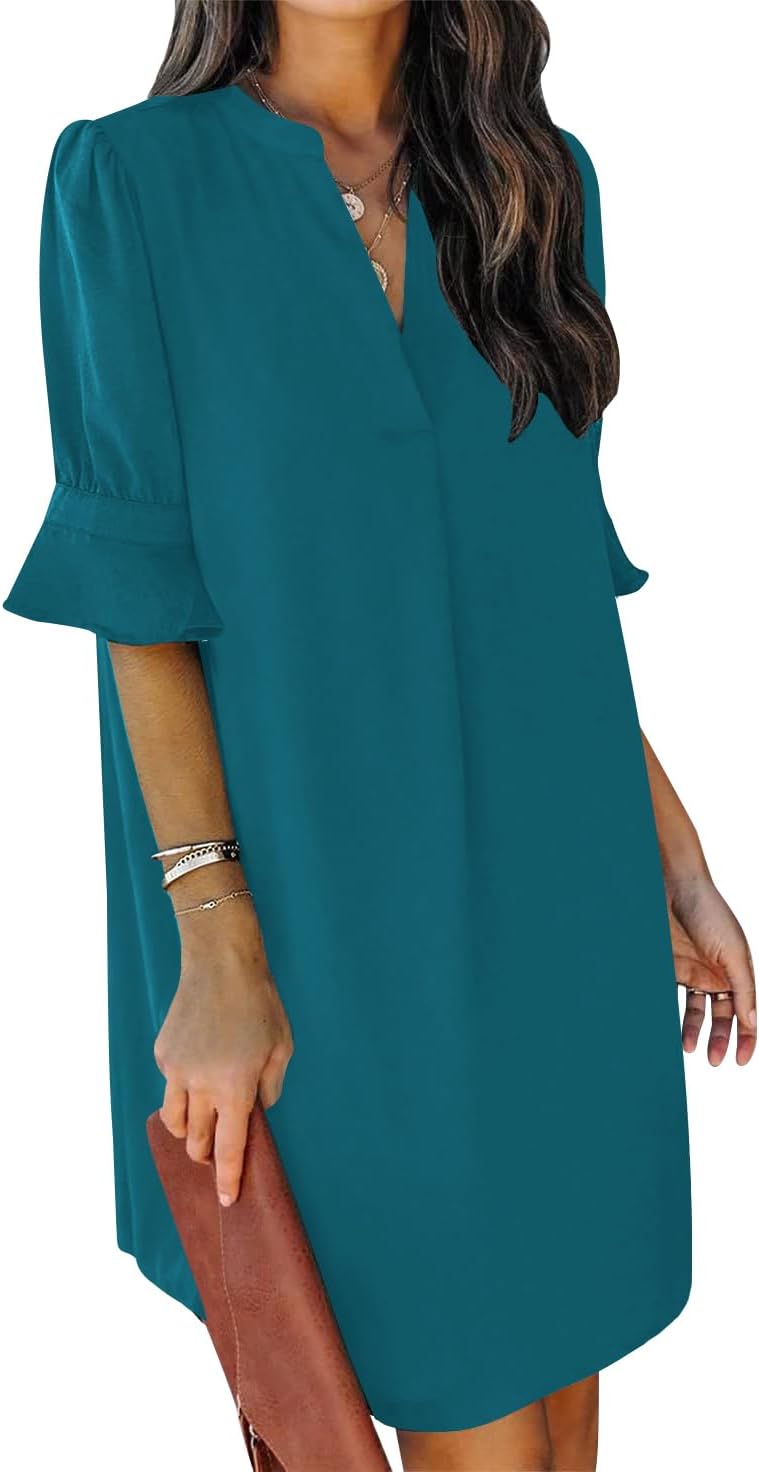 Summer Dresses for Women V Neck Ruffle Short Sleeve Shift Dress