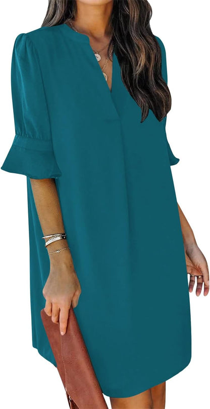 Summer Dresses for Women V Neck Ruffle Short Sleeve Shift Dress