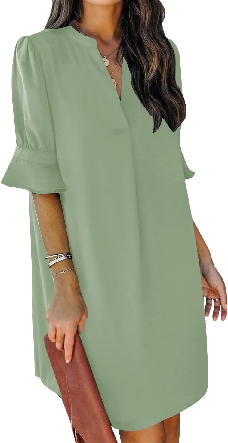 Summer Dresses for Women V Neck Ruffle Short Sleeve Shift Dress