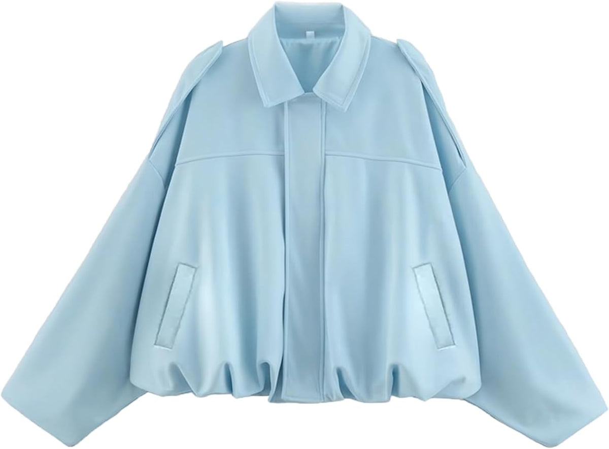 Womens Faux Suede Bomber Jacket Oversized Long Sleeve Cropped Coat