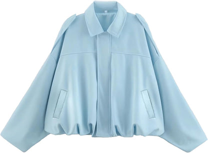 Womens Faux Suede Bomber Jacket Oversized Long Sleeve Cropped Coat