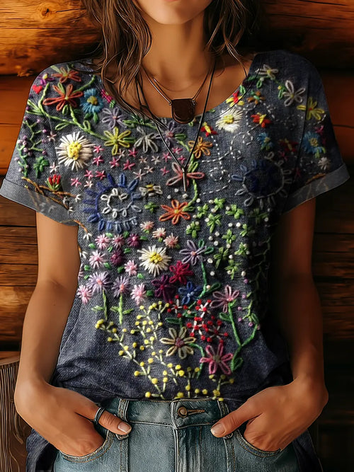 Women's Vintage Heart Texture Art Print Casual Short-sleeved Crew Neck Pure Cotton T-shirt
