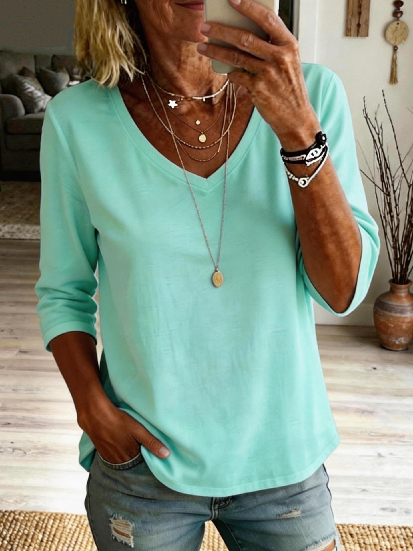Women's Casual Short-sleeve V-neck Cotton T-shirt