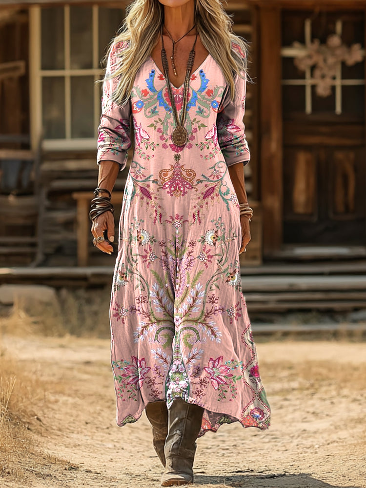 Women's Vintage Ethnic Pink Floral Art Printed Casual V-neck Long Sleeve Cotton Dresses