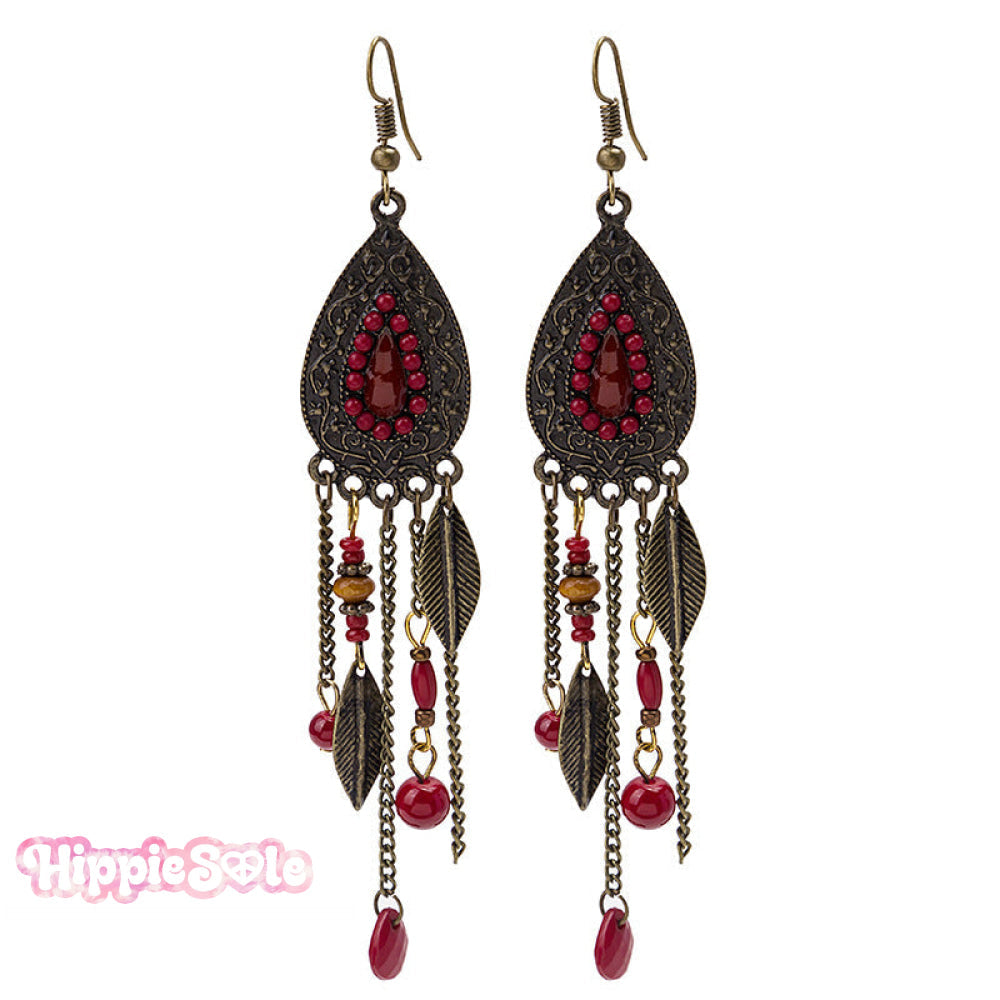 Vintage Leaf Bead Tassel Water-Drop Shaped Earrings
