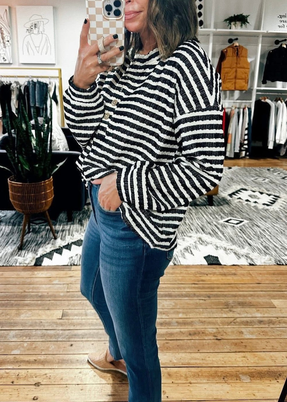 Textured Stripe Henley Top Black