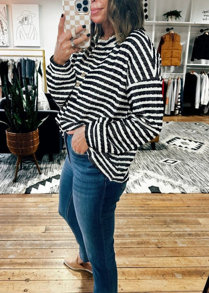 Textured Stripe Henley Top Black