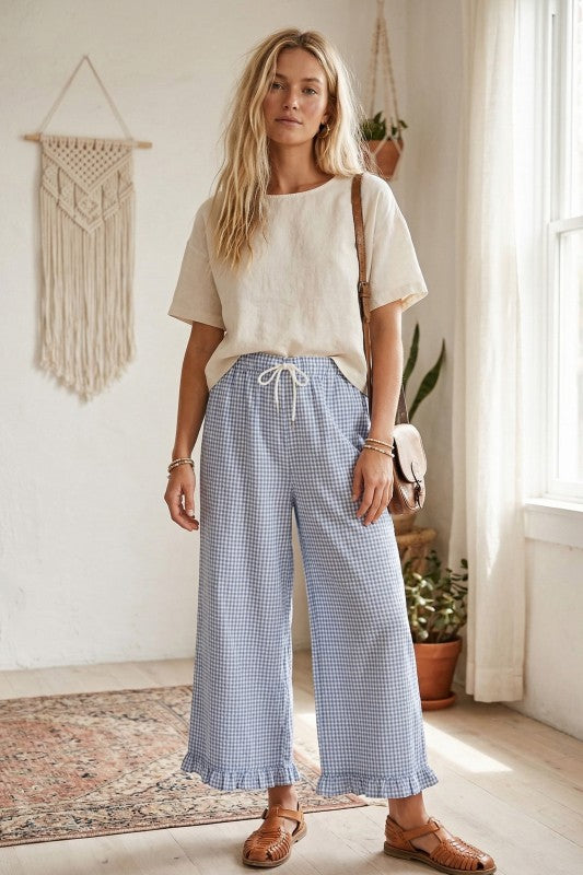 Gingham Ruffle Pant Blue Mix