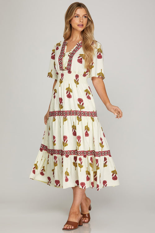 Magenta Floral Print Midi Dress