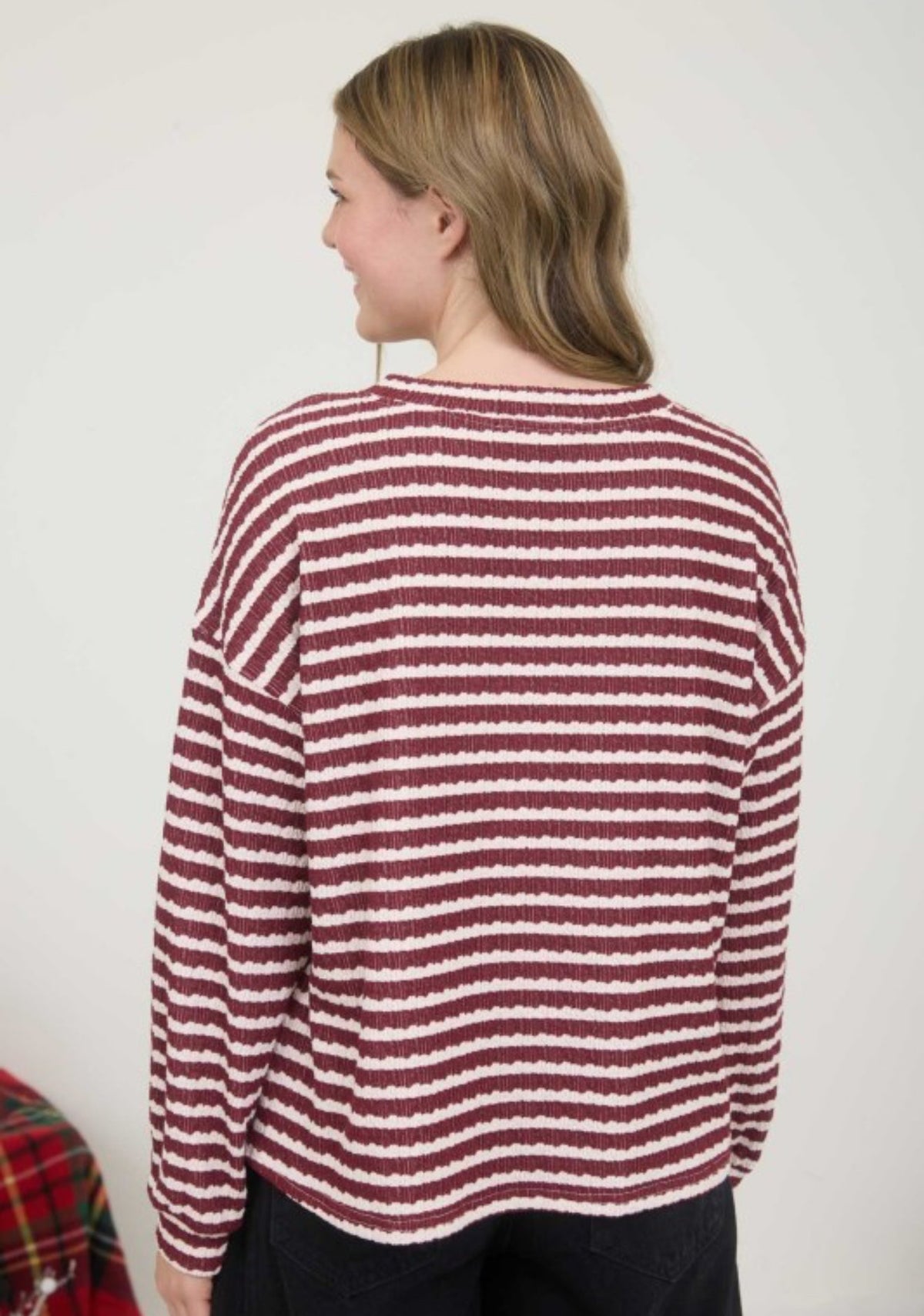 Textured Stripe Henley Top Dark Red