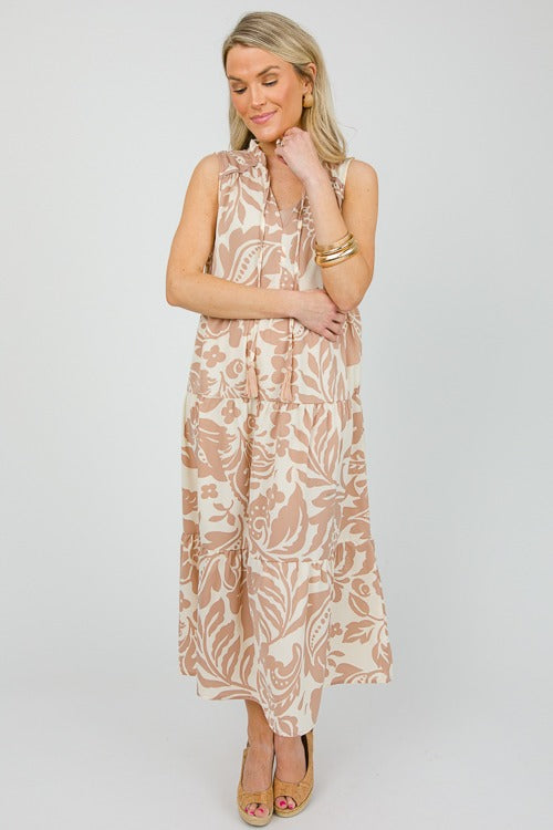 UMGEE Two Tone Floral Midi Dress Latte