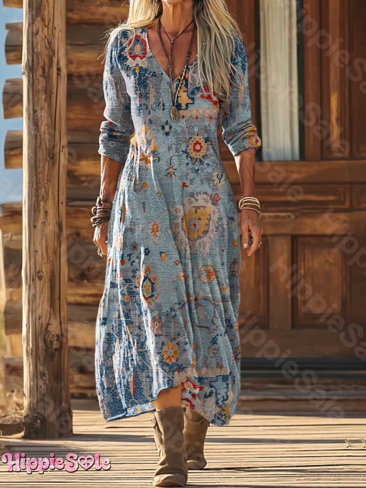Women's Retro Ethnic Totem Collage Art Pattern Print Pocket Cotton Dress