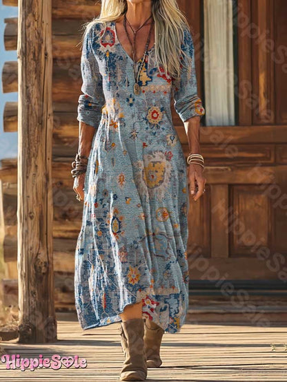 Women's Retro Ethnic Totem Collage Art Pattern Print Pocket Cotton Dress