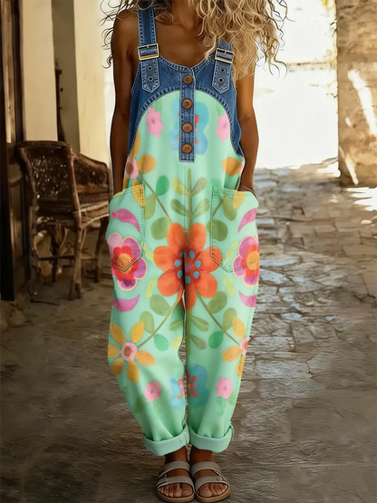 Women's Boho Floral Art Print Patchwork Denim Overalls