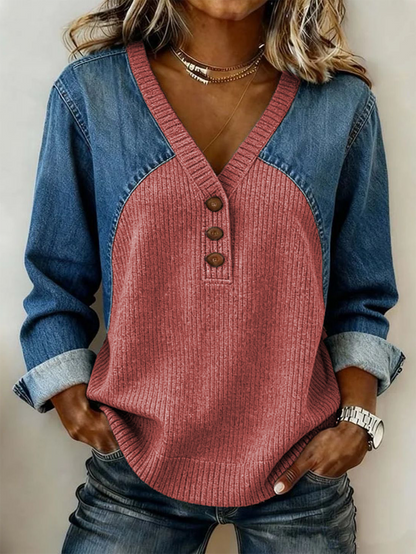Women's Retro Casual Denim And Cotton Knit Sweater
