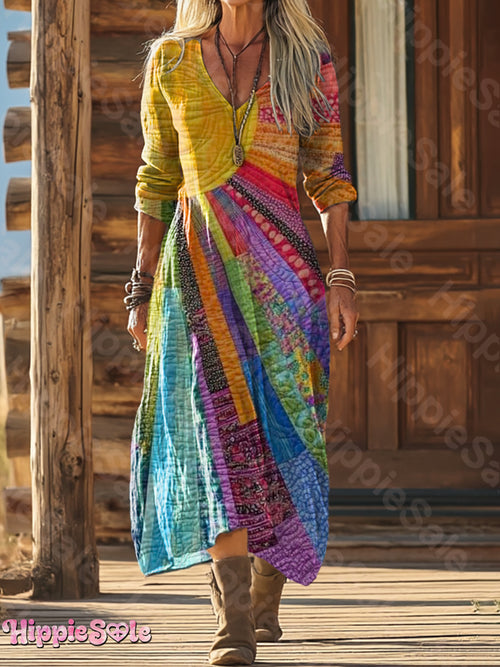 Women's Bohemian Multi-Color Patchwork Sun Pattern Art Print Pocket Cotton Dress