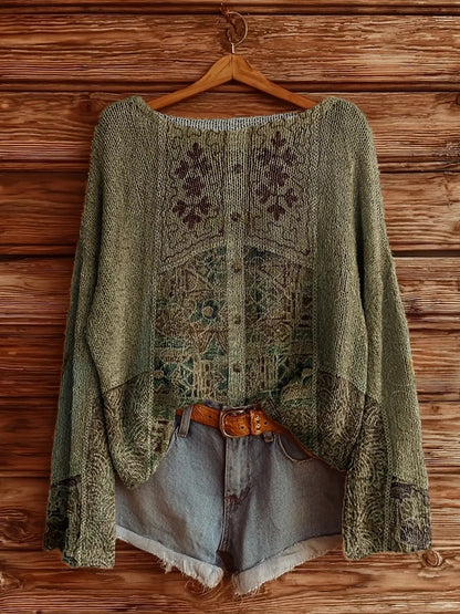 Women's Retro Ethnic Pattern Artistic Print Casual V-Neck Long-Sleeved T-Shirt
