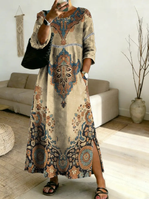 Women's Ethnic Totem Print Round Neck Cotton Denim Dress With Lace Trim