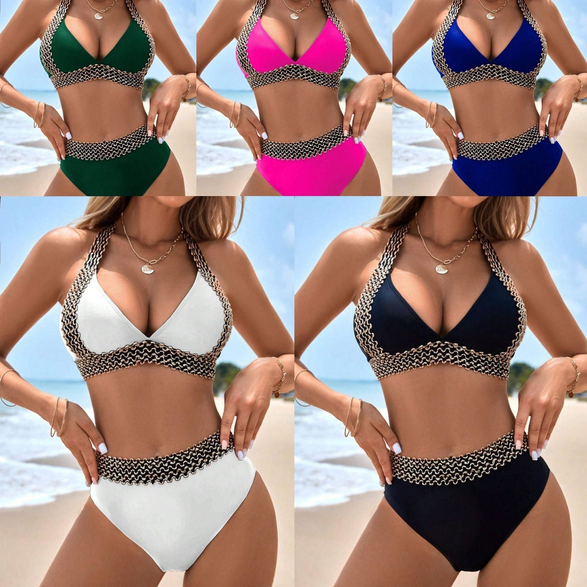 🔥 Sexy Summer Sale! 🌊 Women's Wavy Print V-Neck Swimsuit ✨ Slimming Split Beach Bikini for Vacation & Pool Party 👙