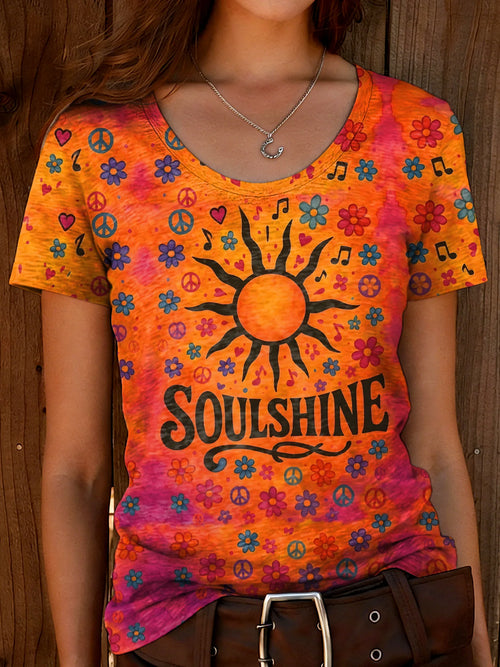 Women's Vintage Soulshine Peace Sign Floral Sun Hippie Art Print Casual Round Neck Short Sleeve Cotton T-shirt