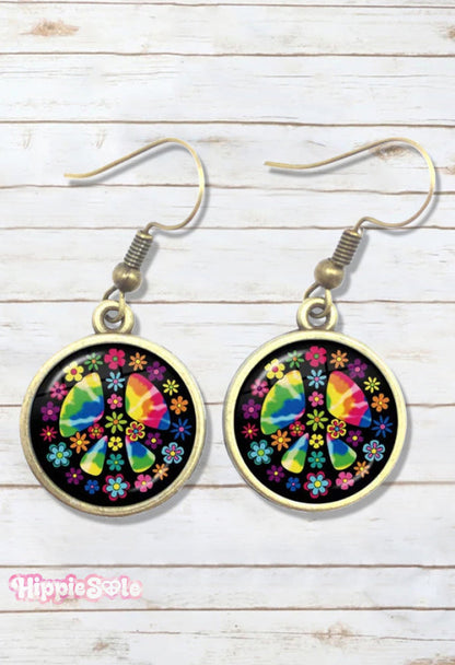 Hippie Peace Flowers Rainbow Earrings